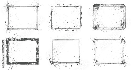 Collection of six distressed square and rectangular grunge frames with splattered ink and textured edges for projects
