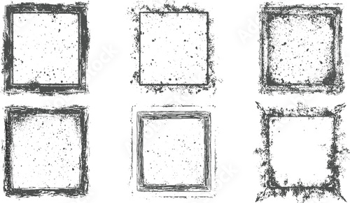 Collection of six distressed square frames with grunge textures and scattered ink splatters on a white background for creative