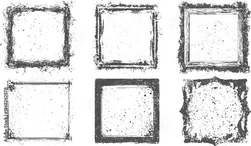 Collection of six unique grunge frames with intricate distressed borders and dense dark gray speckles on a white background for artistic projects