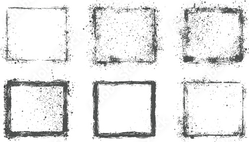 Set of six square grunge frames exhibiting rough borders and dense ink splatters creating a gritty and artistic visual for and textured backgrounds