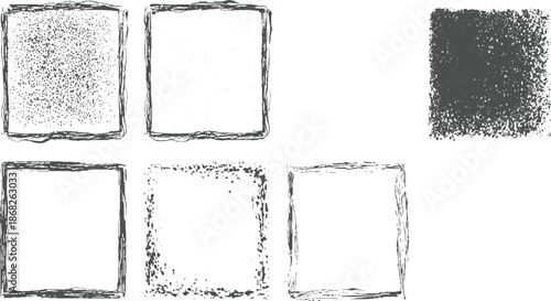 Group of seven grunge square frames featuring varied textures from fine speckles to rough brush strokes and splatters for versatile distressed applications