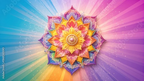 Colorful mandala flower design with rainbow background light rays.