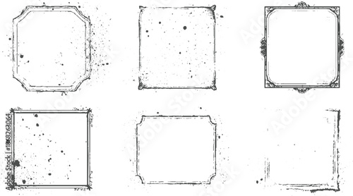 Set of six decorative grunge frames with ornate corners and splattered ink effects offering unique vintage and artistic possibilities for creative projects