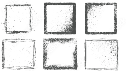 Six square grunge frames with varied distressed textures and ink splatters providing a raw and artistic feel for and creative backgrounds