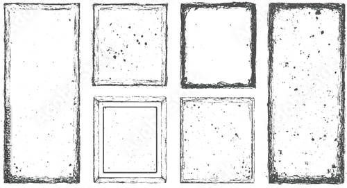 Assortment of eight grunge frames including rectangular and square shapes with rough edges and speckled textures distressed and artistic overlays