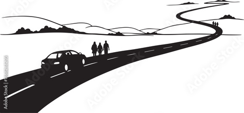 Silhouette of people walking on a winding road