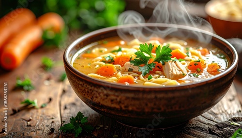 Warm and Delicious Homemade Chicken Noodle Soup with Fresh Carrots and Herbs