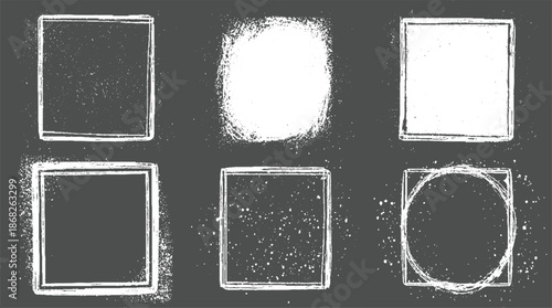 Assortment of six textured frames including squares and a circle with a spray paint effect on a dark gray background for artistic applications
