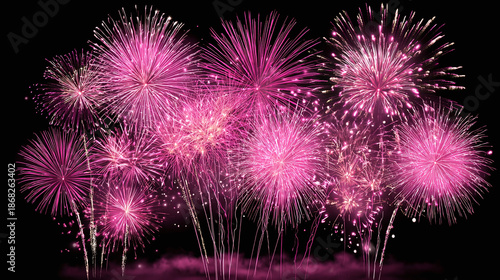 A vibrant burst of pink fireworks lights up the night sky. The display is a celebration of color, and illumination. Festival of lights.