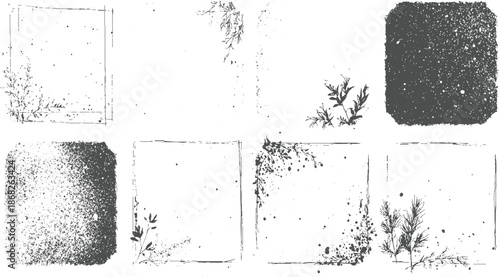 Collection of eight decorative frames featuring botanical and grunge textures invitations and artistic layouts