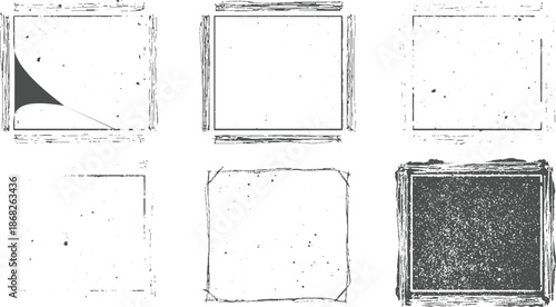 Six unique square frames showcasing diverse distressed textures and artistic brush strokes with subtle ink splatters for a creative and abstract visual appeal