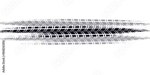 Tire track. Car, bike, motorcycle tyre mark with grunge effect isolated on white background. Wheel footprint on the road. Top view of rubber protector mark