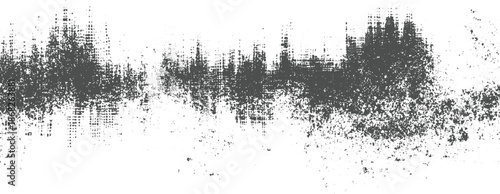 Horizontal grunge texture with scattered dark gray speckles and abstract shapes on a white background creating a weathered look