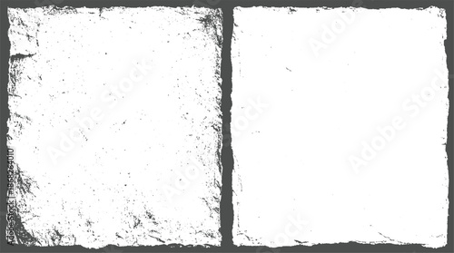 Diptych of textured paper surfaces featuring ripped, uneven edges and a dense overlay of dark grunge speckles and scratches for a worn look
