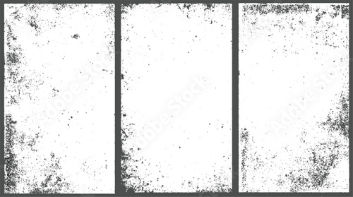Triptych of distressed grunge textures with rough edges and scattered speckles creating a vintage, weathered aesthetic backgrounds