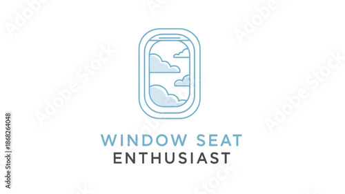 Minimalist blue airplane window seat enthusiast design with clouds and travel typography style
