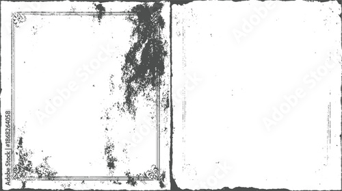 Ornate vintage square frame with distressed texture and a second plain distressed rectangular frame on a white background layered