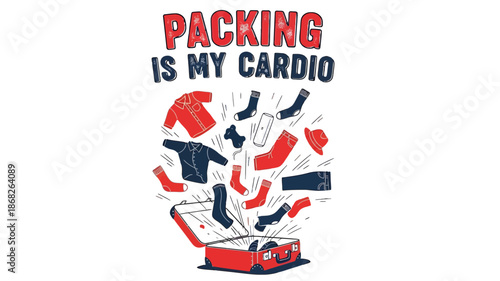 Packing is my cardio text with clothes and suitcase illustration