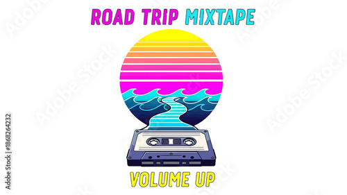 Road trip mixtape cassette tape illustration with synthwave sunset beach and winding road path