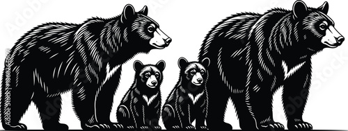 Bear family illustration showing parents and cubs wildlife silhouette style symbolizing protection nature bonding isolated white background detailed graphic art