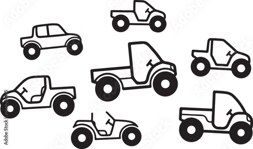 Simple black and white jeep illustrations in various positions
