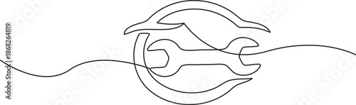 Modern single stroke line clean outline style of a wrench within a sleek car silhouette