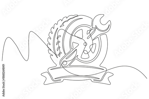 Minimal continuous one stroke drawing illustration of a car tire with wrench and ribbon banner