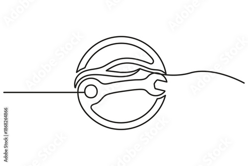 Continuous flowing line minimalist design concept of a round car repair emblem with a wrench