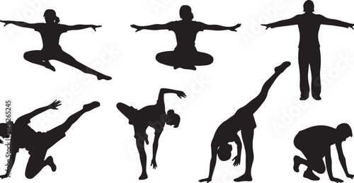 Silhouettes of people in various yoga poses and stretches