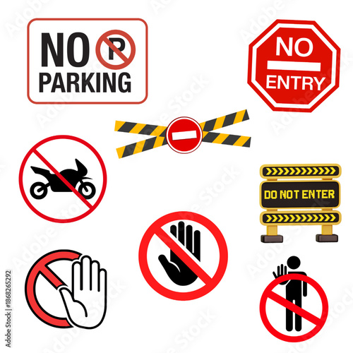 Icons of no entry signs representing restricted access, prohibition, safety rules, traffic control, and warning.