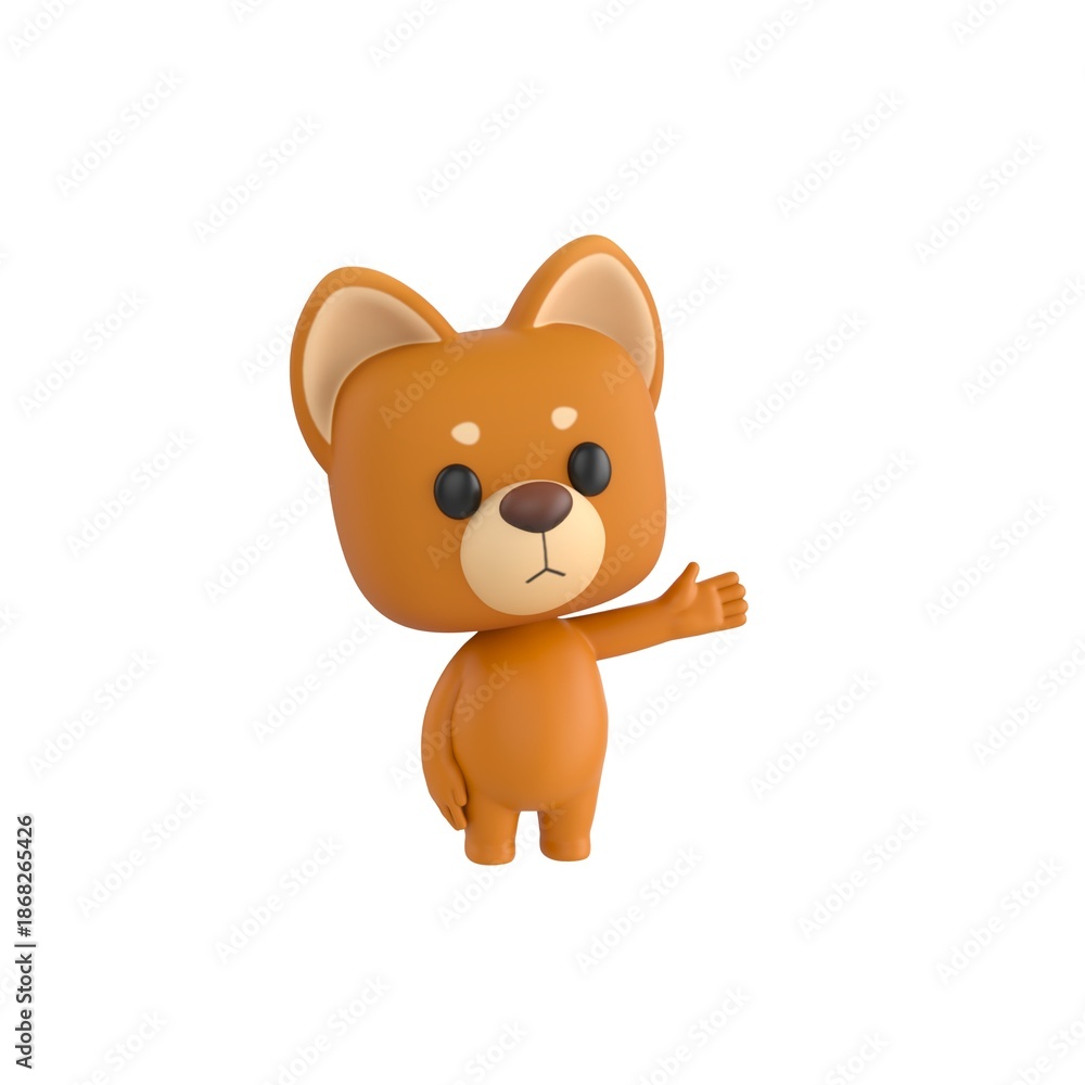 Fototapeta premium Cute 3D render Little Dog character gesturing to the side, friendly and cheerful mascot style, presenting or introducing something, isolated on white background.