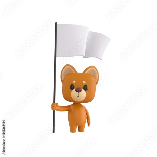 Vászonkép Cute 3D render Little Dog character standing and holding a white flag, neutral and symbolic pose, isolated on white background
