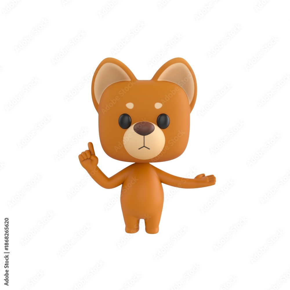 Obraz premium Cute 3D render Little Dog character explaining with one hand open to the side and the other hand pointing up, confident and informative mascot style, isolated on white background.