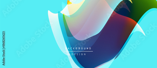 Abstract fluid shapes overlap, creating vibrant color gradients. Blue background enhances dynamic composition. Modern design element.