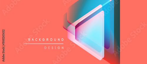 Abstract geometric shapes overlap, creating vibrant visual effect. Coral background complements blue, purple gradients. Modern design element.