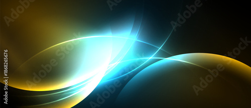 Abstract flowing lines, vibrant colors, dynamic composition. Bright light contrasts dark background, creating energy.