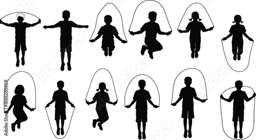 Children jumping rope silhouettes collection, kids skipping exercise poses set, active play fitness concept vector illustration isolated black white background