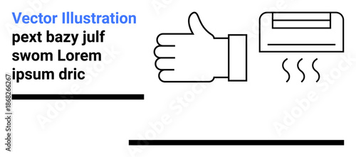 Approval, air conditioning, cooling solutions, thermal comfort, appliance evaluation, ventilation systems. A thumbs-up hand next to an air conditioner emitting heat waves. Approval and air