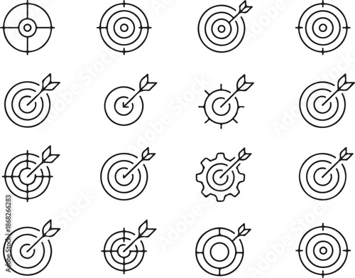 Target and goal icons set with dartboard aim focus and success symbols
