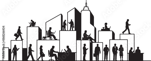 Silhouette of people in a cityscape with skyscrapers