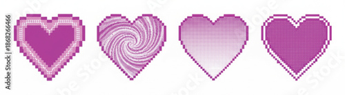 Four pixel art pink and magenta hearts with different fill patterns isolated on white background.