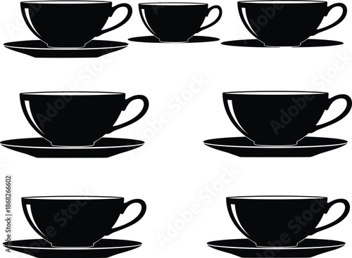 Coffee cup silhouettes collection, tea mug saucer icons set, hot beverage drinkware vector illustration isolated black white background