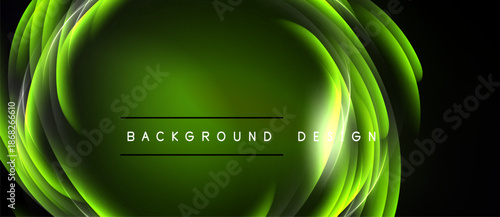 Dark backdrop features vibrant green swirling lines. Central text reads background design. Smooth gradients create luminous effect.