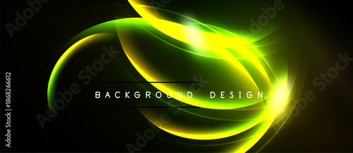 Abstract neon light curves, vibrant yellowgreen hues. Dynamic flow creates modern background design element. Smooth gradients, dark backdrop.