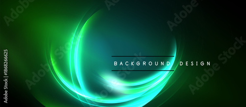 Abstract green neon light streaks form swirling shapes. Dark background emphasizes bright luminous curves, text reads background design.