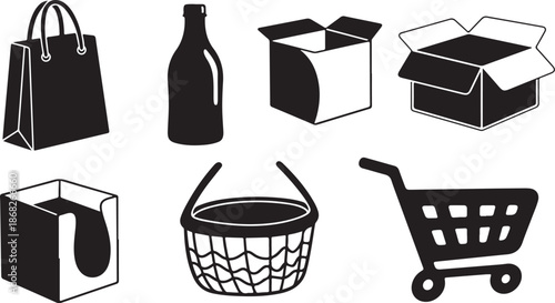 Shopping icons with cart, bags, and boxes