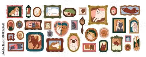 Fototapeta Pet portraits in frames set. Cute cats and dogs, interior pictures and photos. Wall gallery, funny playful home animals, felines and canines. Flat vector illustration isolated on white background