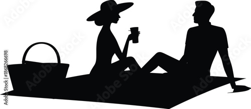 Couple silhouette relaxing picnic together woman drinking man sitting summer leisure romance isolated white background illustration concept lifestyle outdoor date