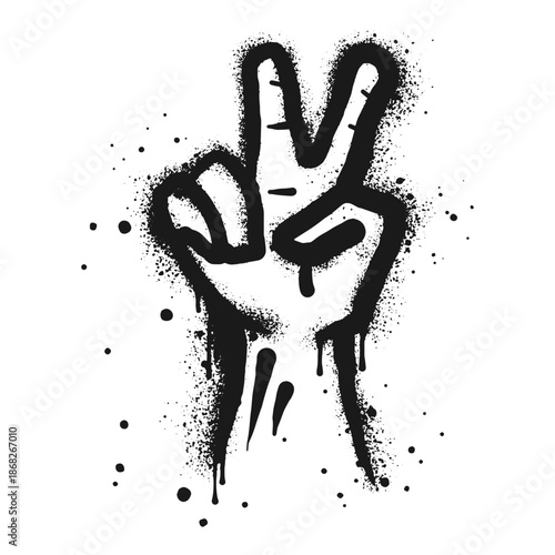 Spray painted graffiti Hand gesture V sign for peace on black over white. peace symbol. isolated on white background