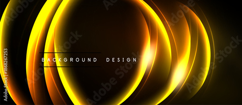 Abstract golden layers over black background. Dynamic curves create luminous effect, modern design element.